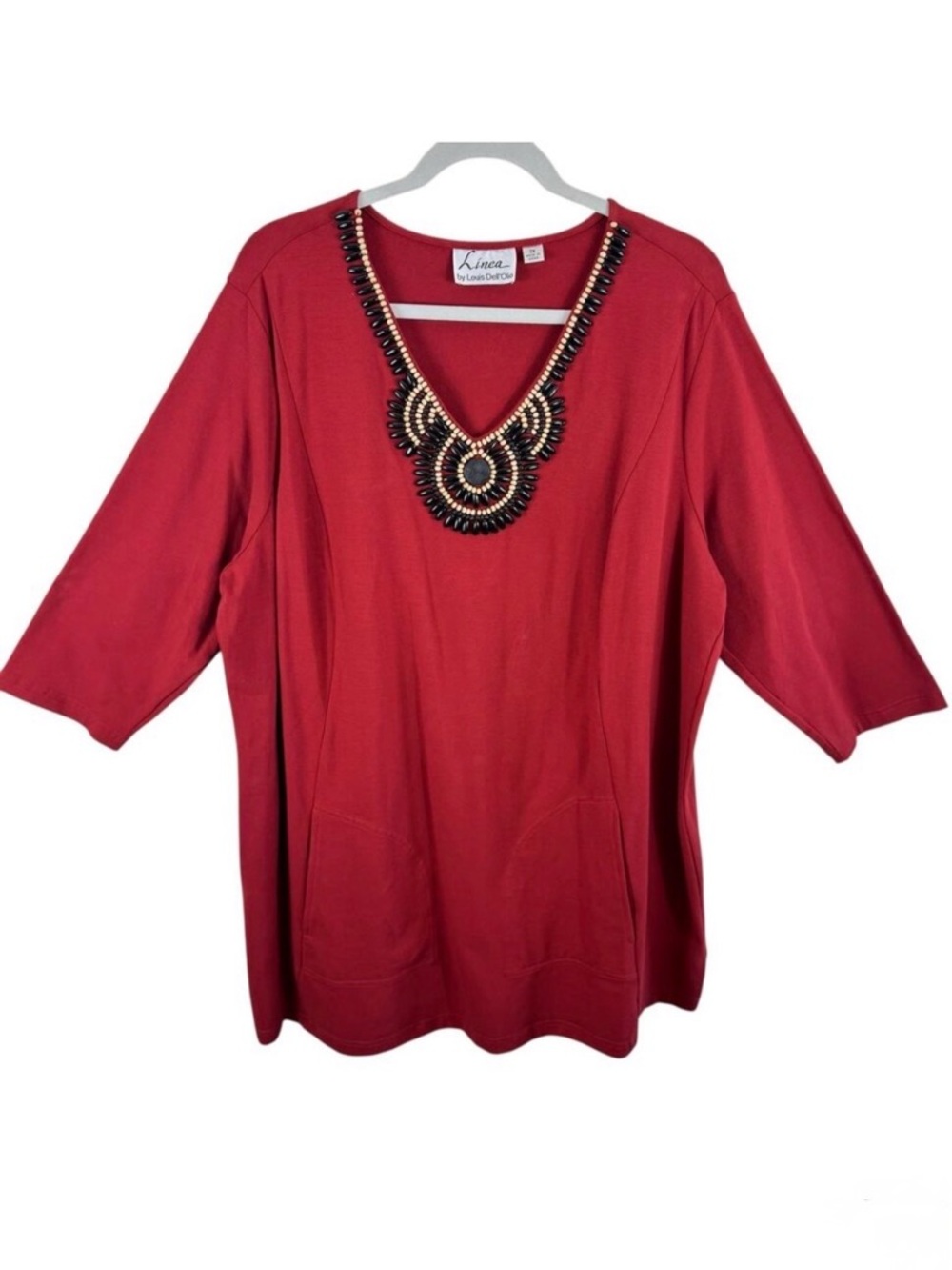 Linea By Louis Dell'Olio Burnt Orange Beaded V-Neck 3/4 Sleeve Tunic Top Size 2X
